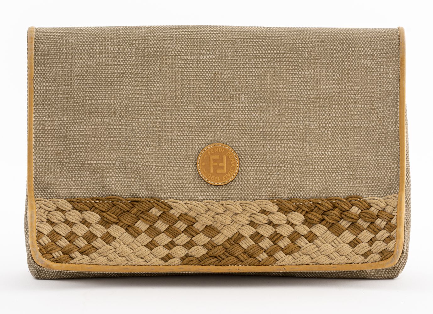 FENDI BEIGE WOVEN STRAW AND LEATHER