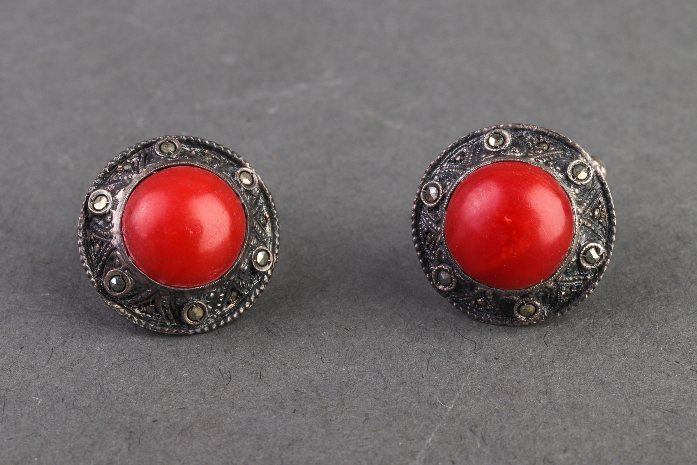 CORAL MARCASITE VINTAGE EARRINGS  3c59c2