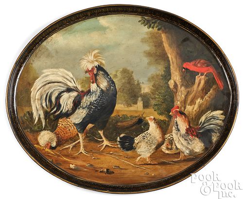 LARGE PAINTED TIN TRAY, 19TH C.Large