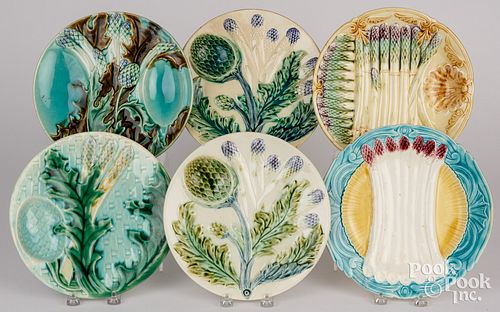 SIX MAJOLICA ASPARAGUS PLATESSix