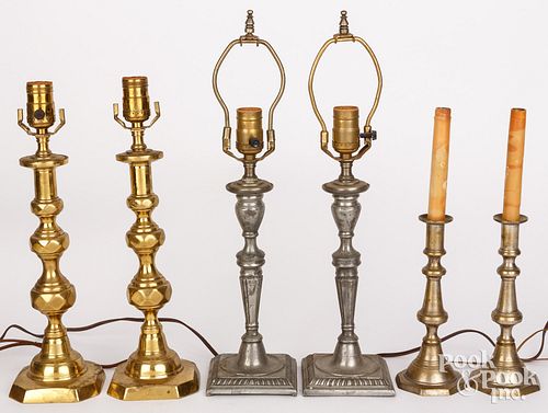 THREE PAIRS OF CANDLESTICKS MOUNTED