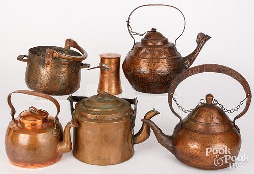 GROUP OF COPPER TEA KETTLES AND