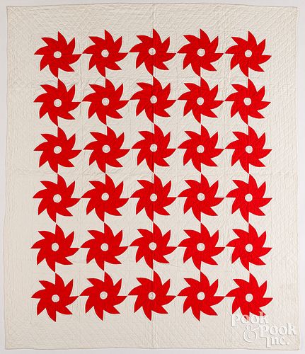 RED AND WHITE PINWHEEL QUILT 20TH 3c622a