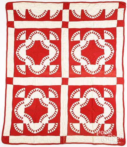 RED AND WHITE PATCHWORK QUILT,