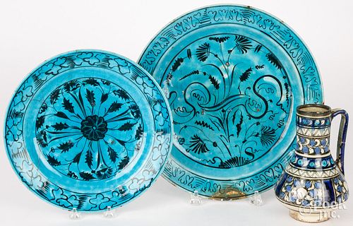 TWO PERSIAN TURQUOISE POTTERY PLATES,
