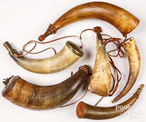 SIX ASSORTED POWDER HORNS, 18TH/19TH