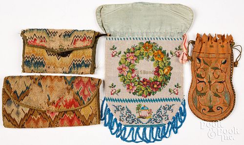 TWO FLAME STITCH PURSES, 18TH C.,