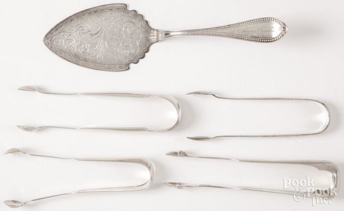 FOUR COIN SILVER SUGAR TONGS AND