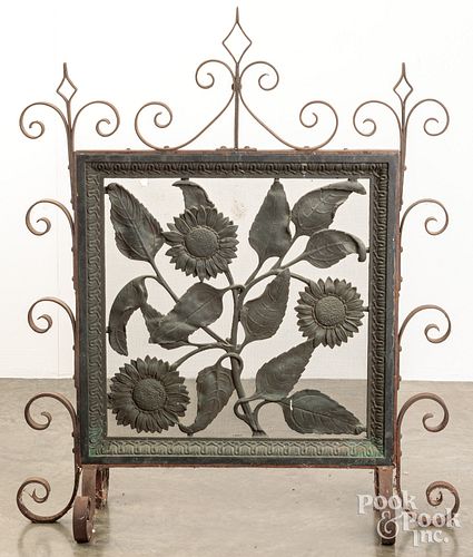 IRON FIRE SCREEN WITH SUNFLOWER