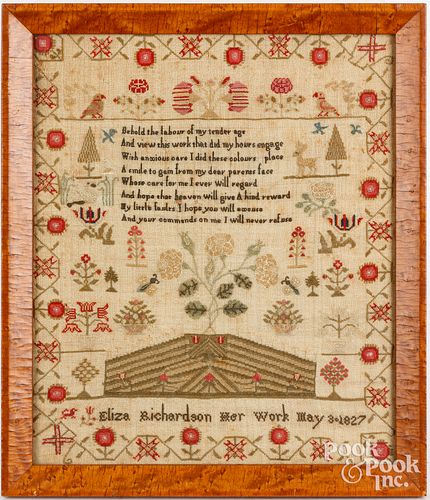 SILK ON LINEN SAMPLER DATED 1827Silk 3c6504