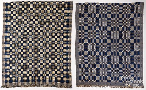 TWO BLUE AND WHITE OVERSHOT COVERLETS,