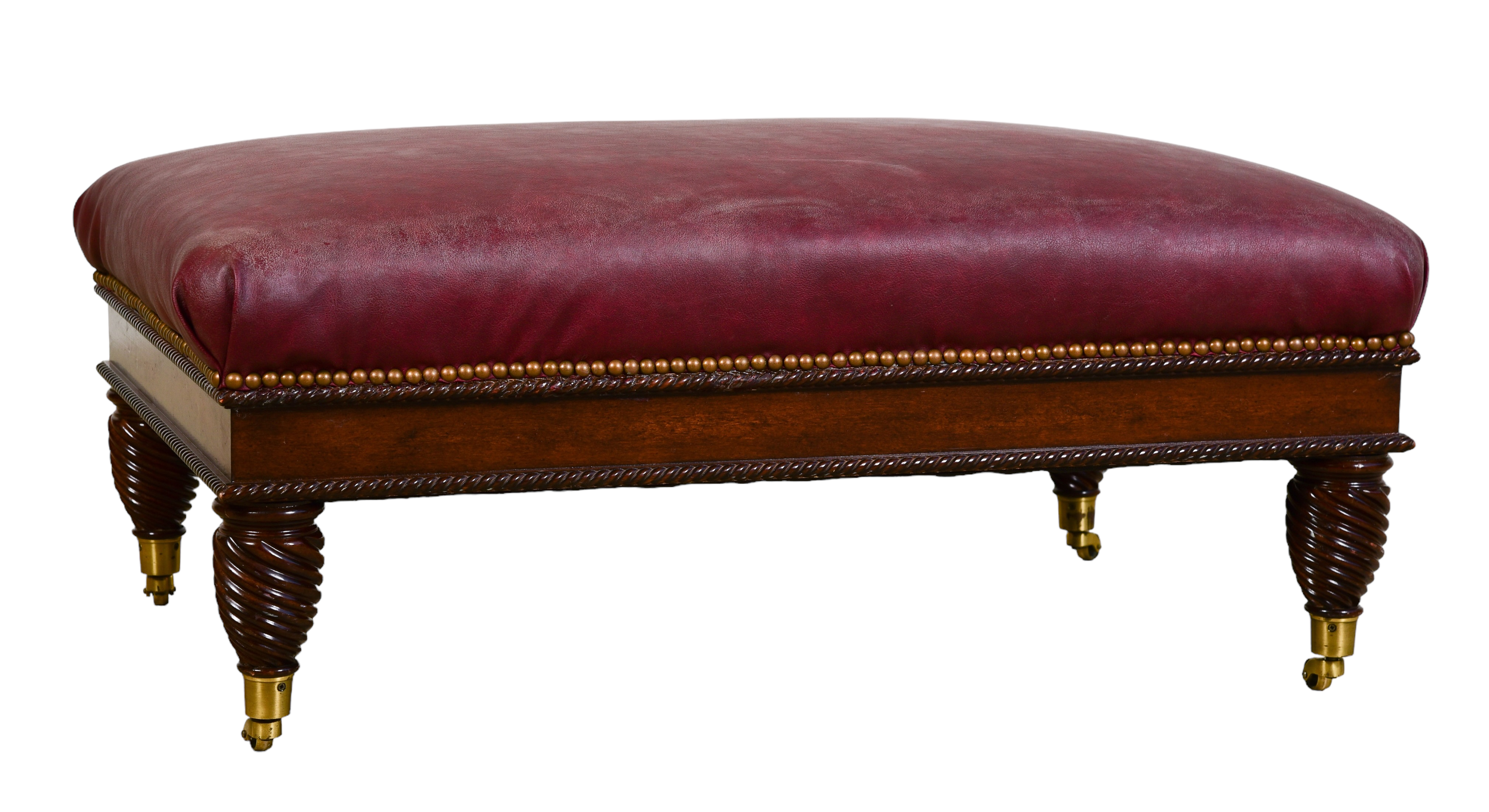 Leather and mahogany ottoman red 3c6637