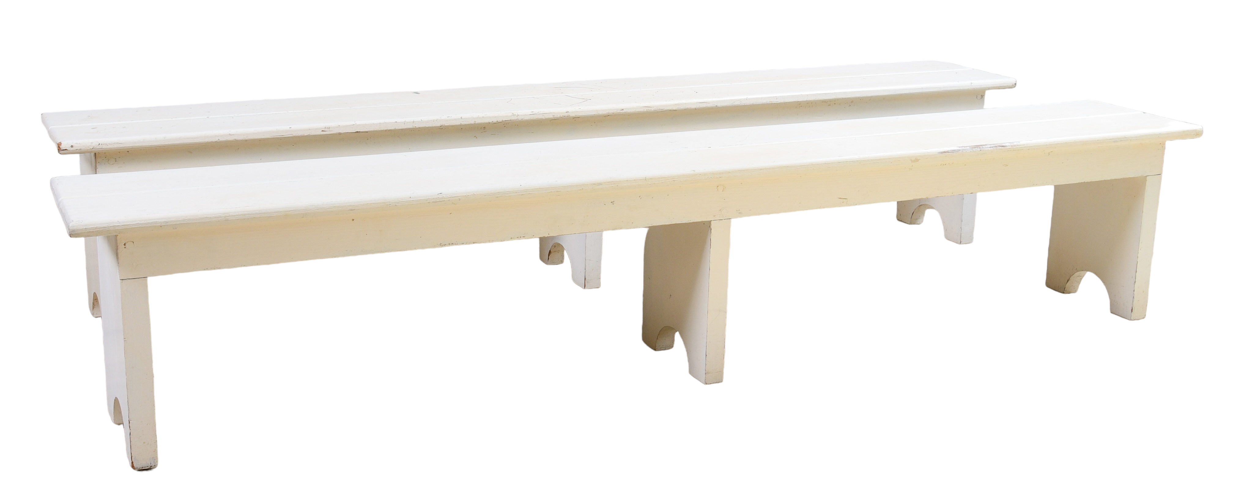 (2) White painted long benches,