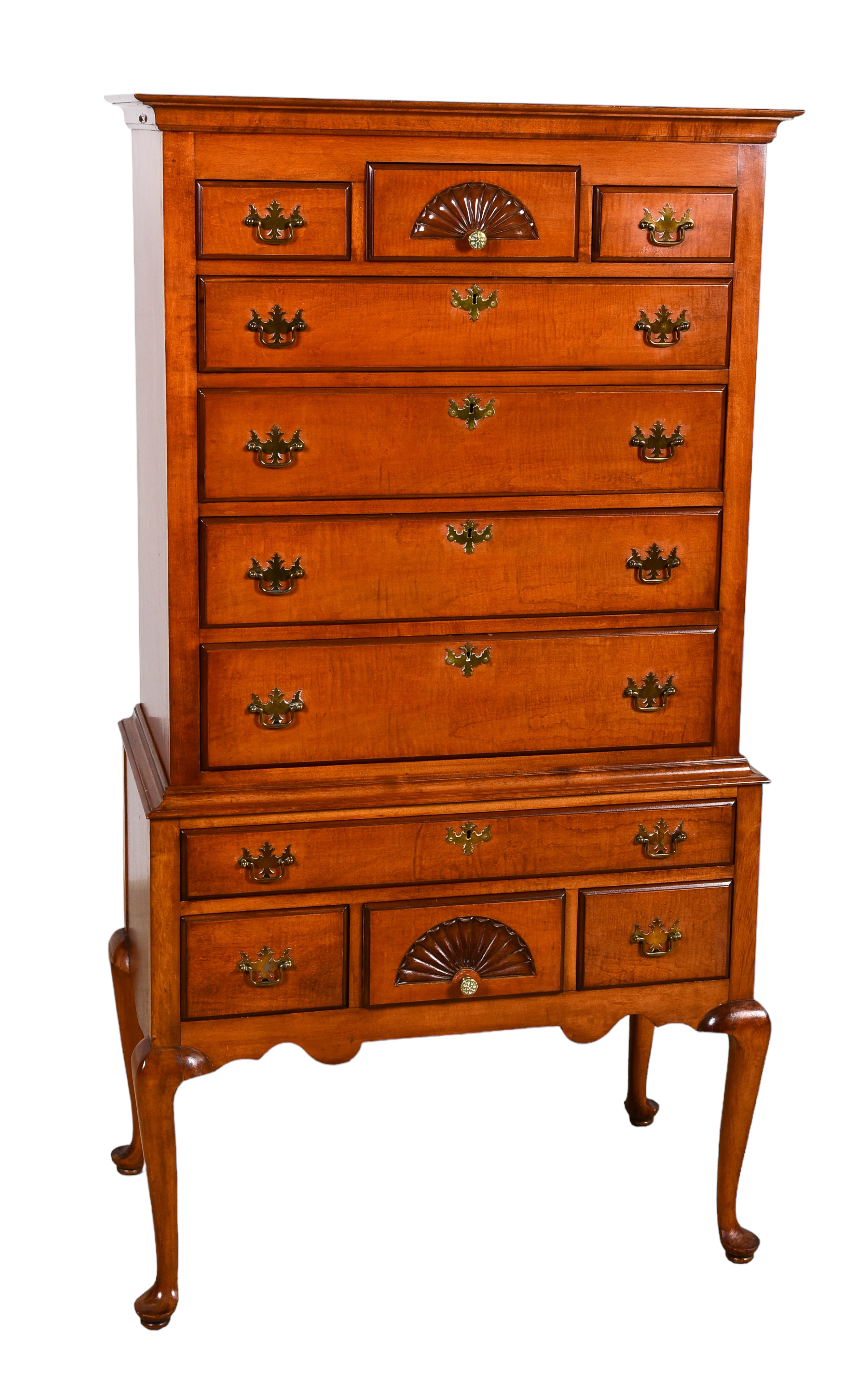 Queen Anne style maple 2-pc highboy,