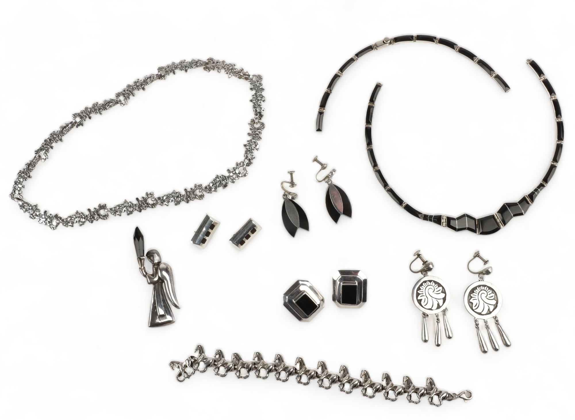 Onyx and sterling jewelry grouping to