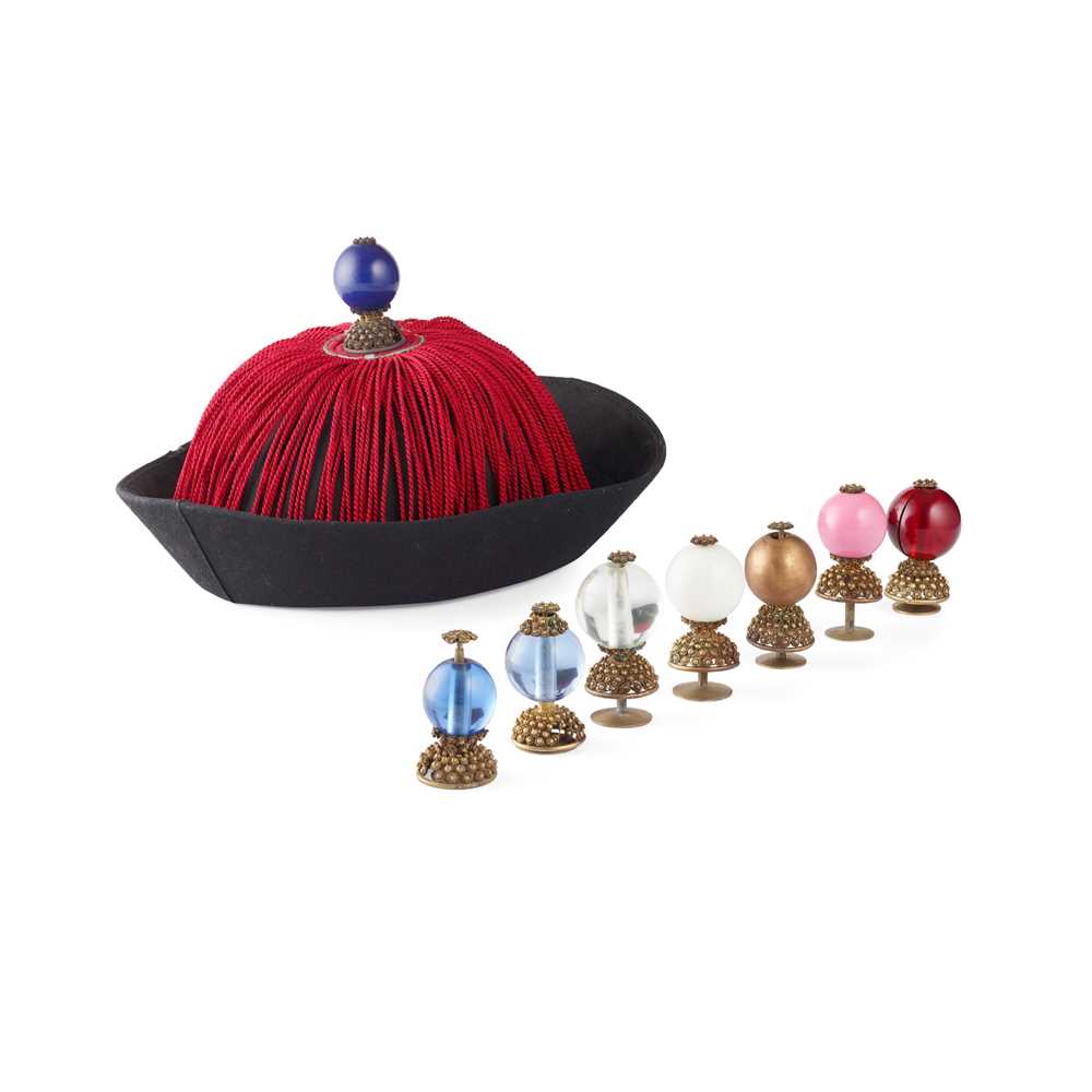 OFFICIALS HAT AND GROUP OF EIGHT GLASS