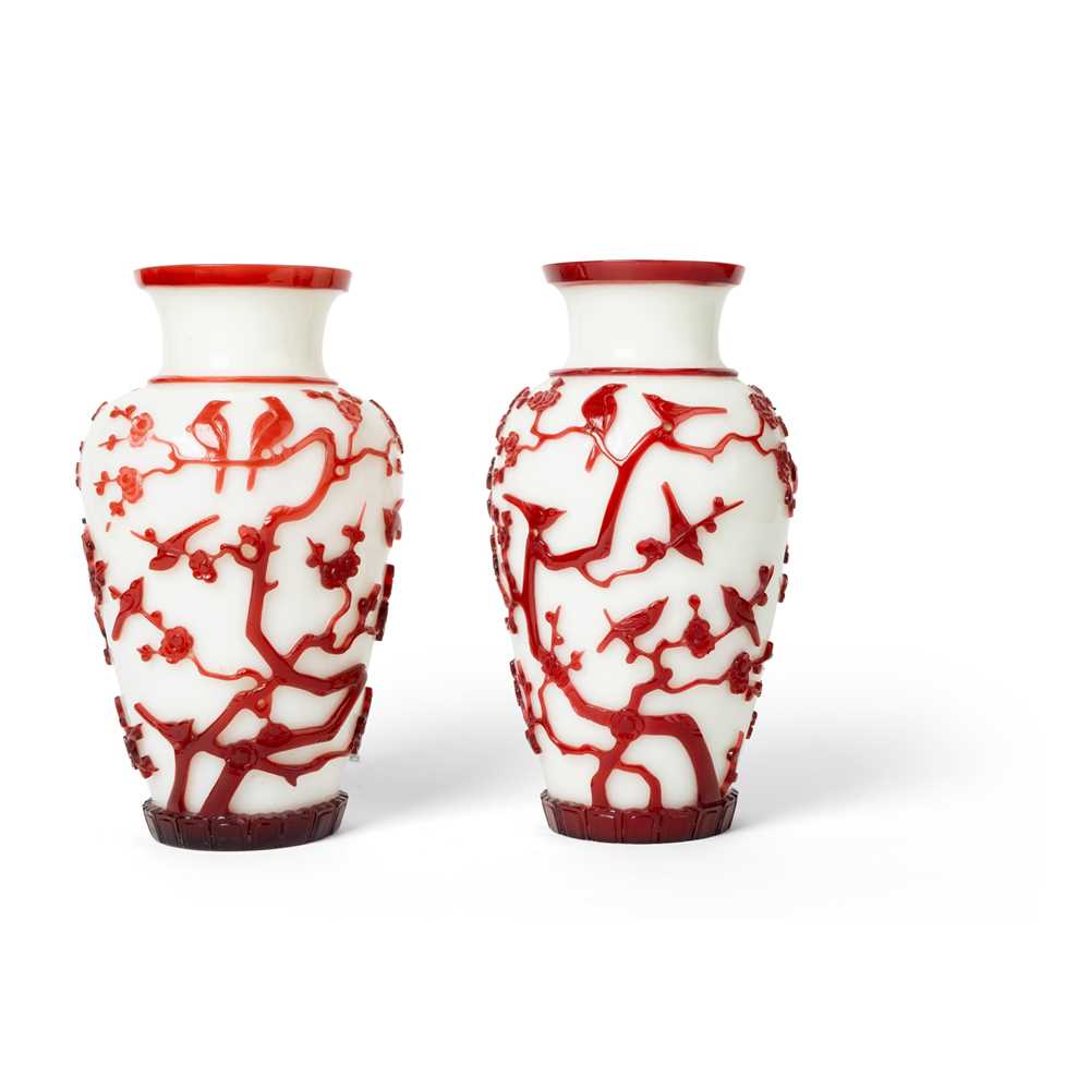 PAIR OF RED-OVERLAY WHITE GLASS