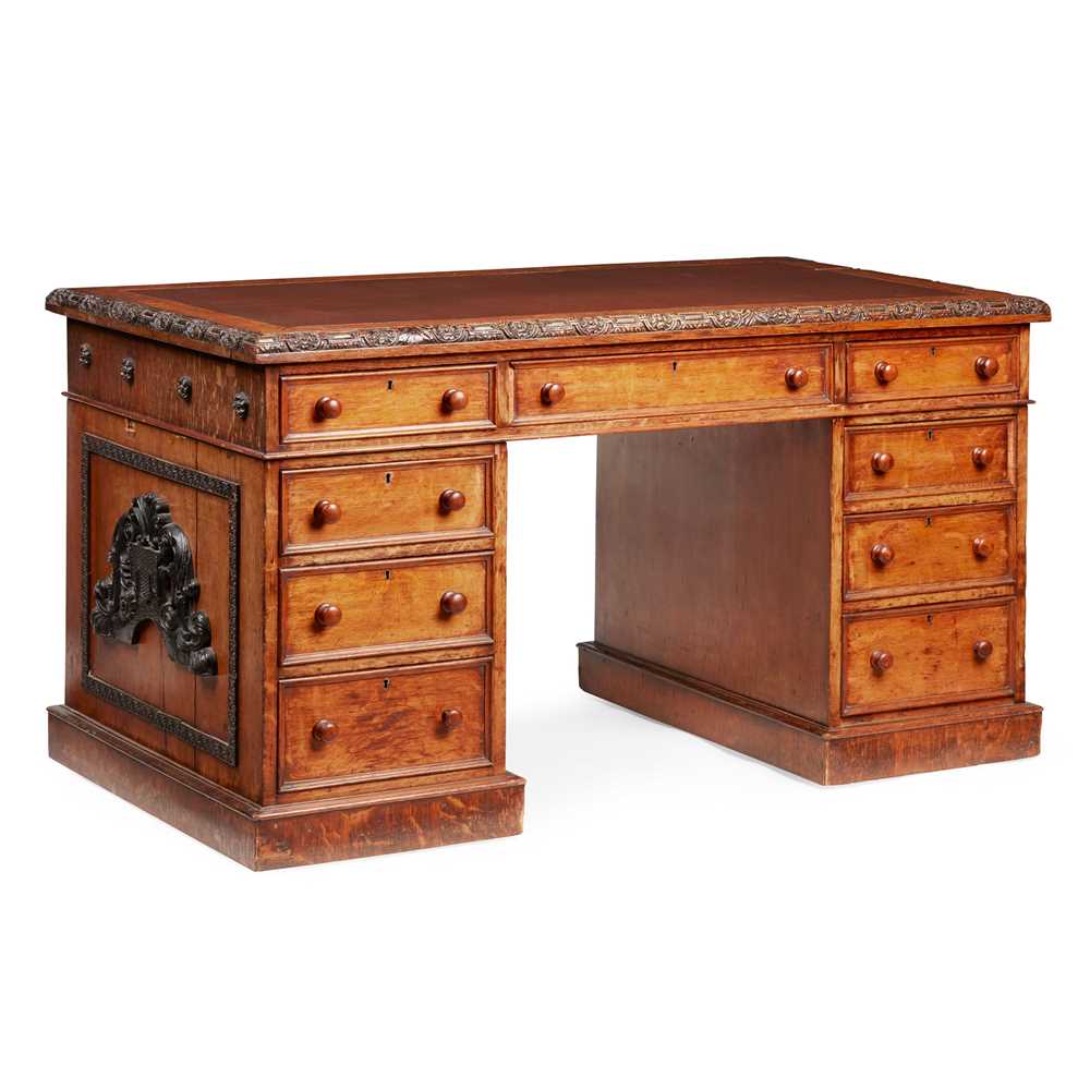 VICTORIAN CARVED OAK PEDESTAL DESK  3c6b45