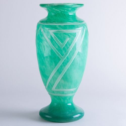 DAUM GREEN ETCHED GLASS VASESigned