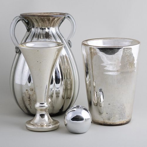 THREE MERCURY GLASS VASES AND A