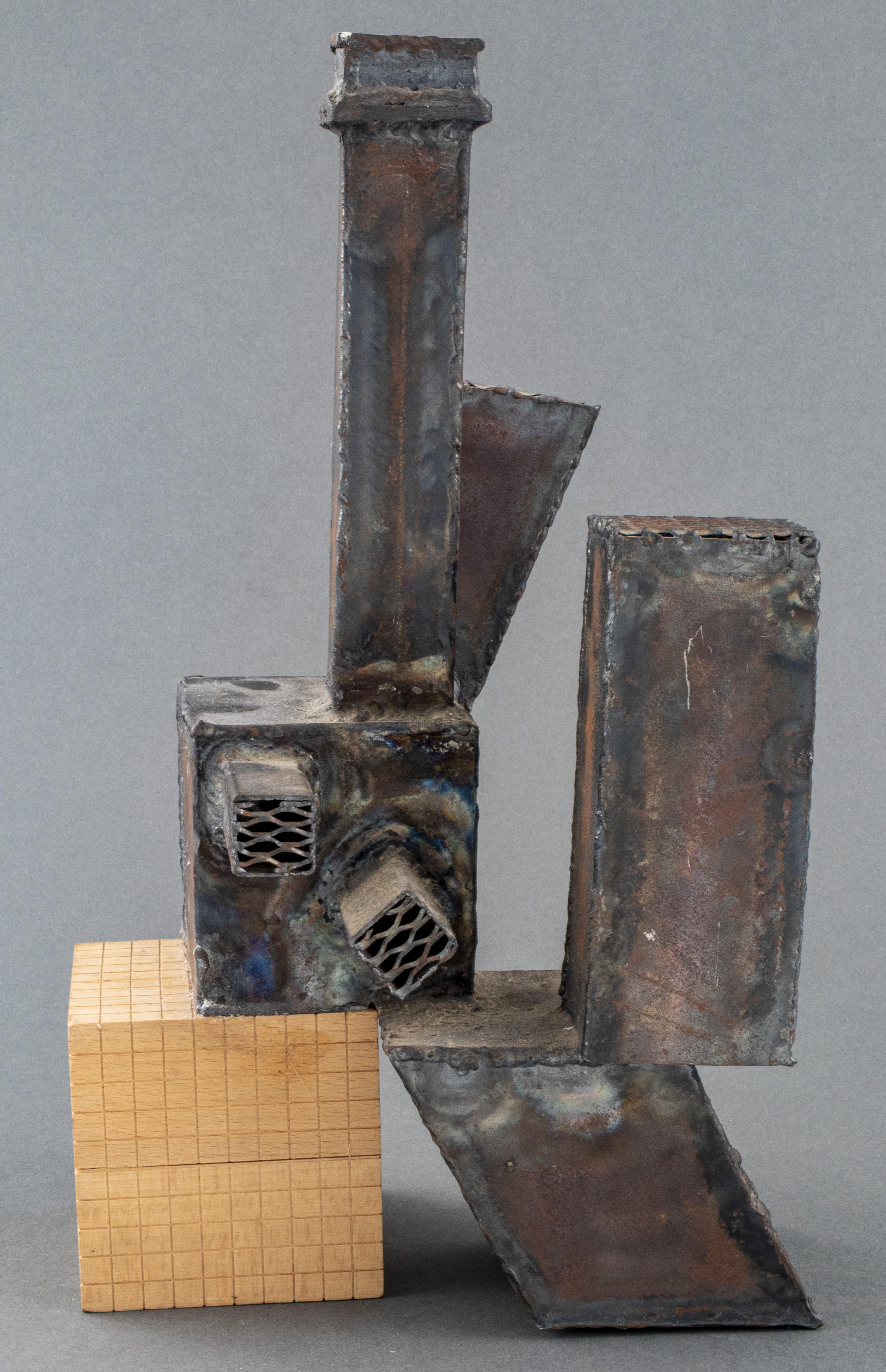 BRUTALIST STEEL AND WOOD SCULPTURE 3c480a