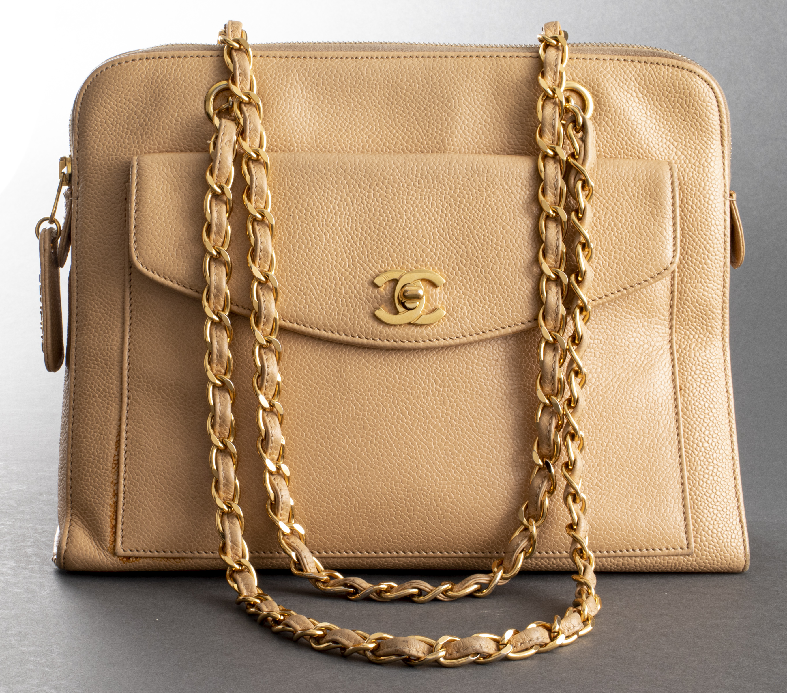 CHANEL TAN CAVIAR LEATHER HANDBAG