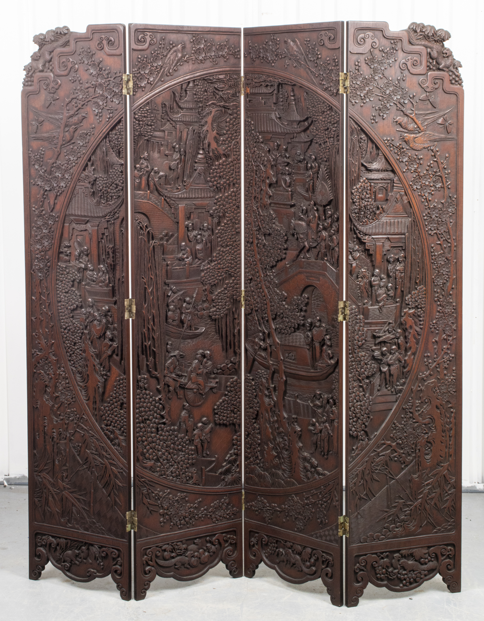 CHINESE CARVED HARDWOOD FOUR PANEL 3c4a94