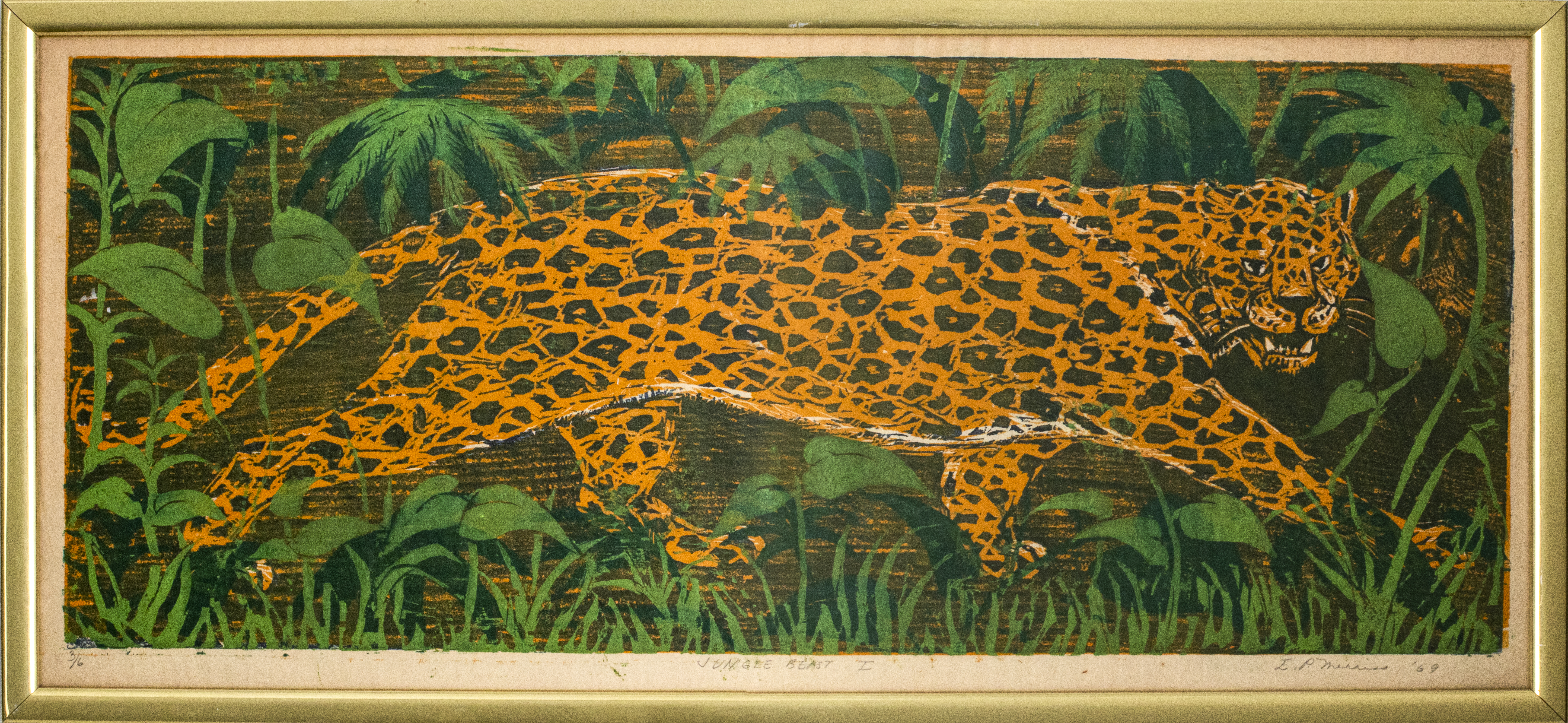 ILLEGIBLY SIGNED LEOPARD WOODCUT 3c4d8f