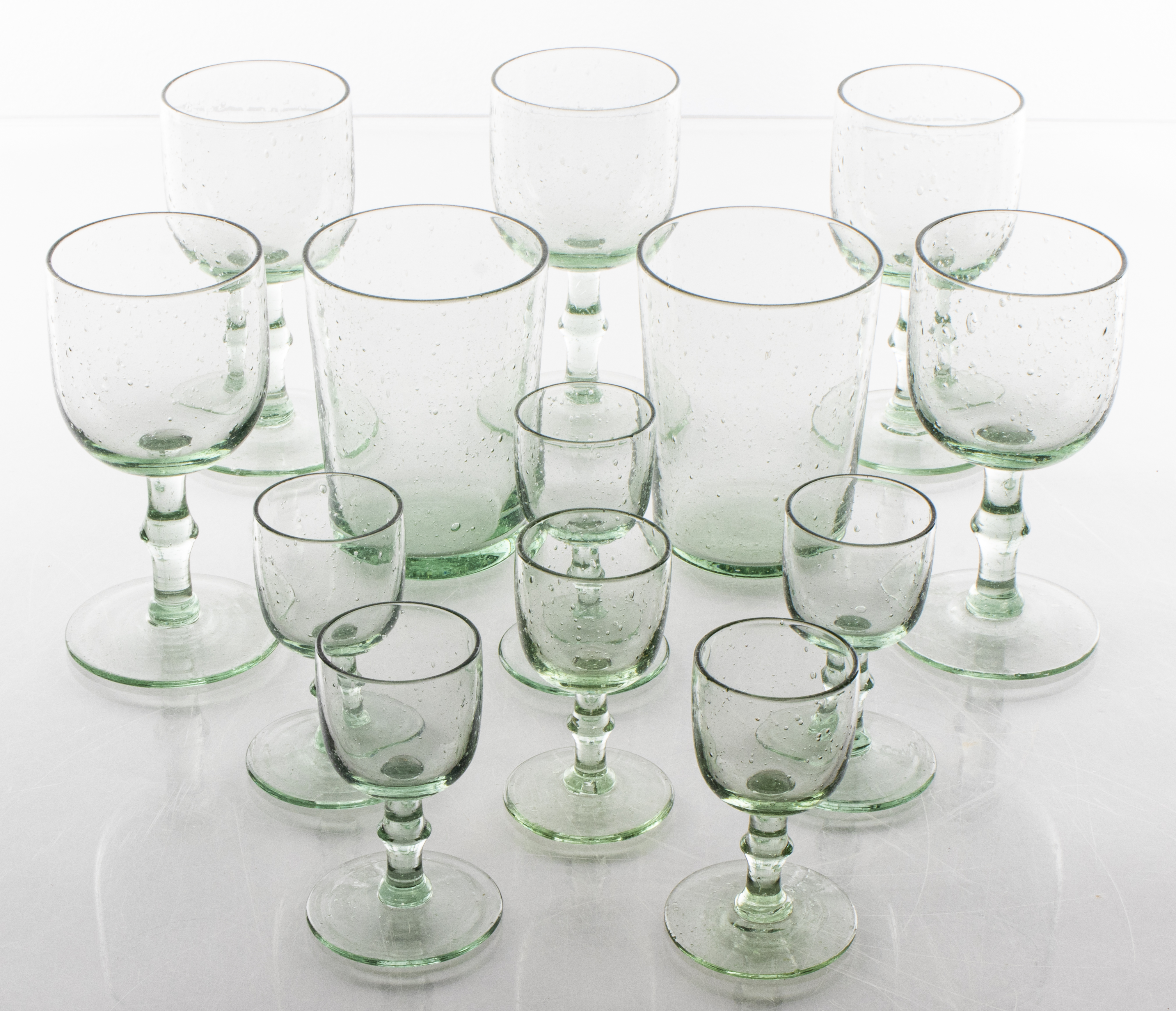 GREEN ART GLASS BARWARE, 13 PCS. Assortment