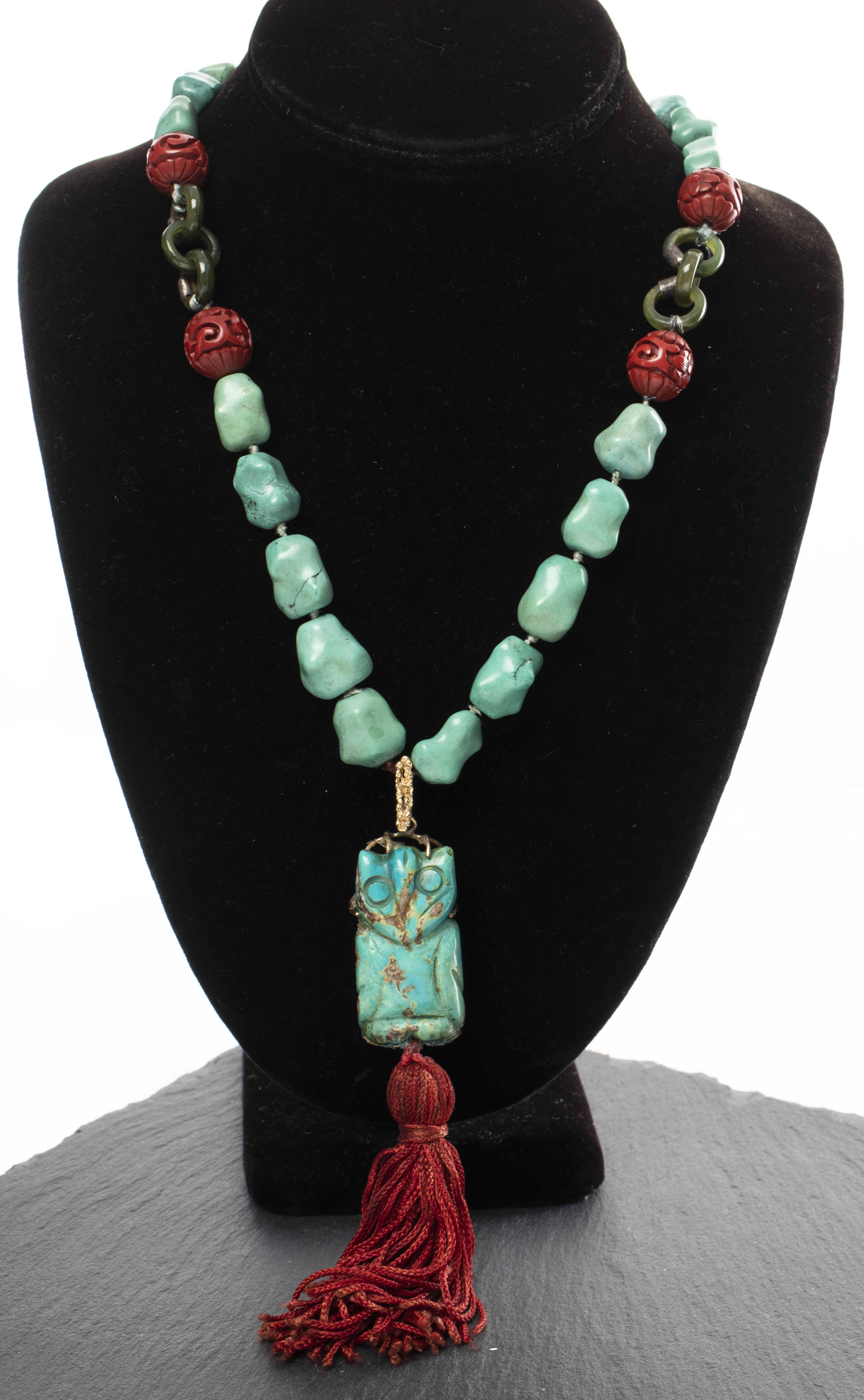 CARVED OWL TURQUOISE, JADE & CINNABAR