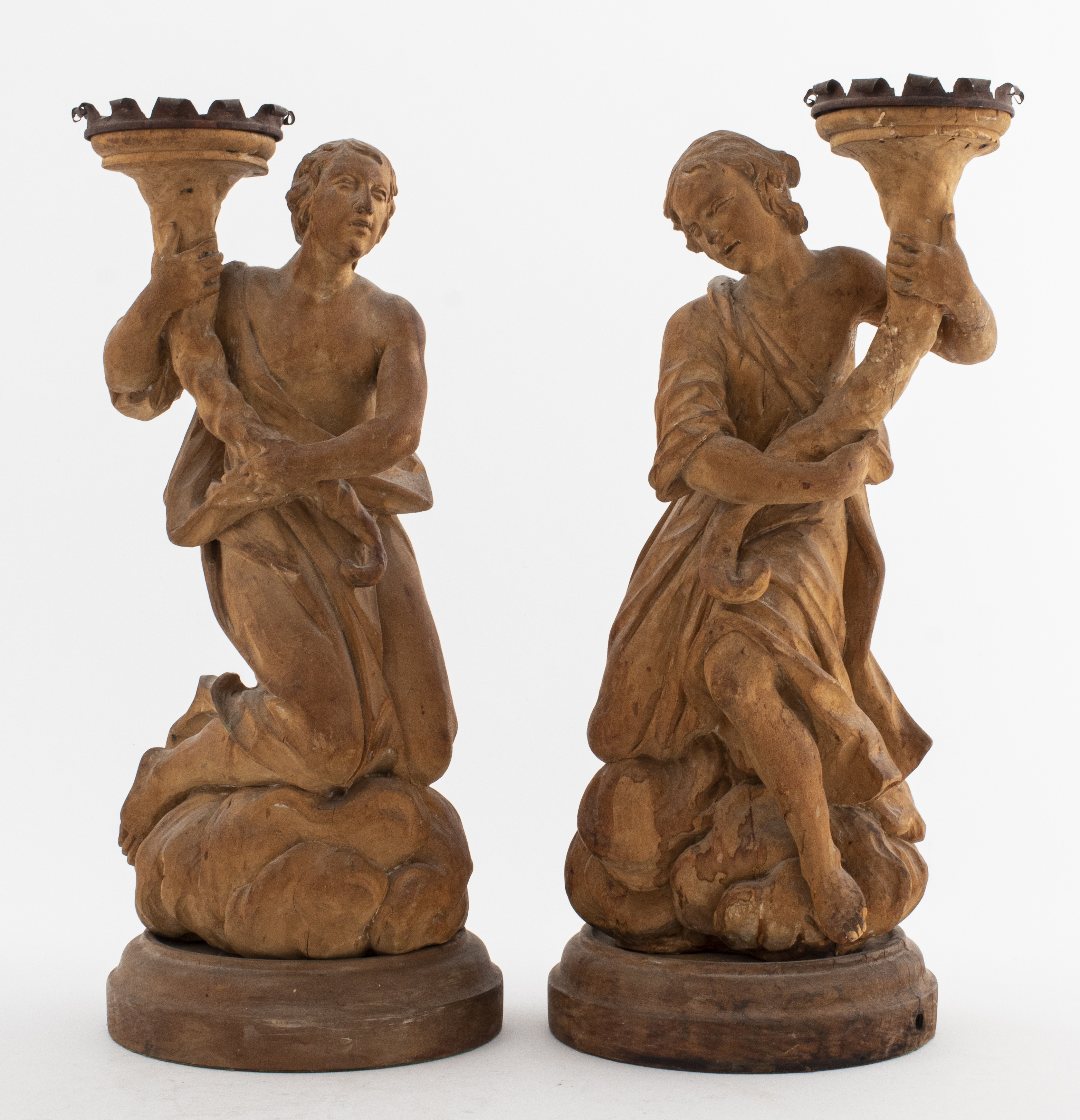 BAROQUE STYLE CARVED FIGURAL CANDLESTICKS,