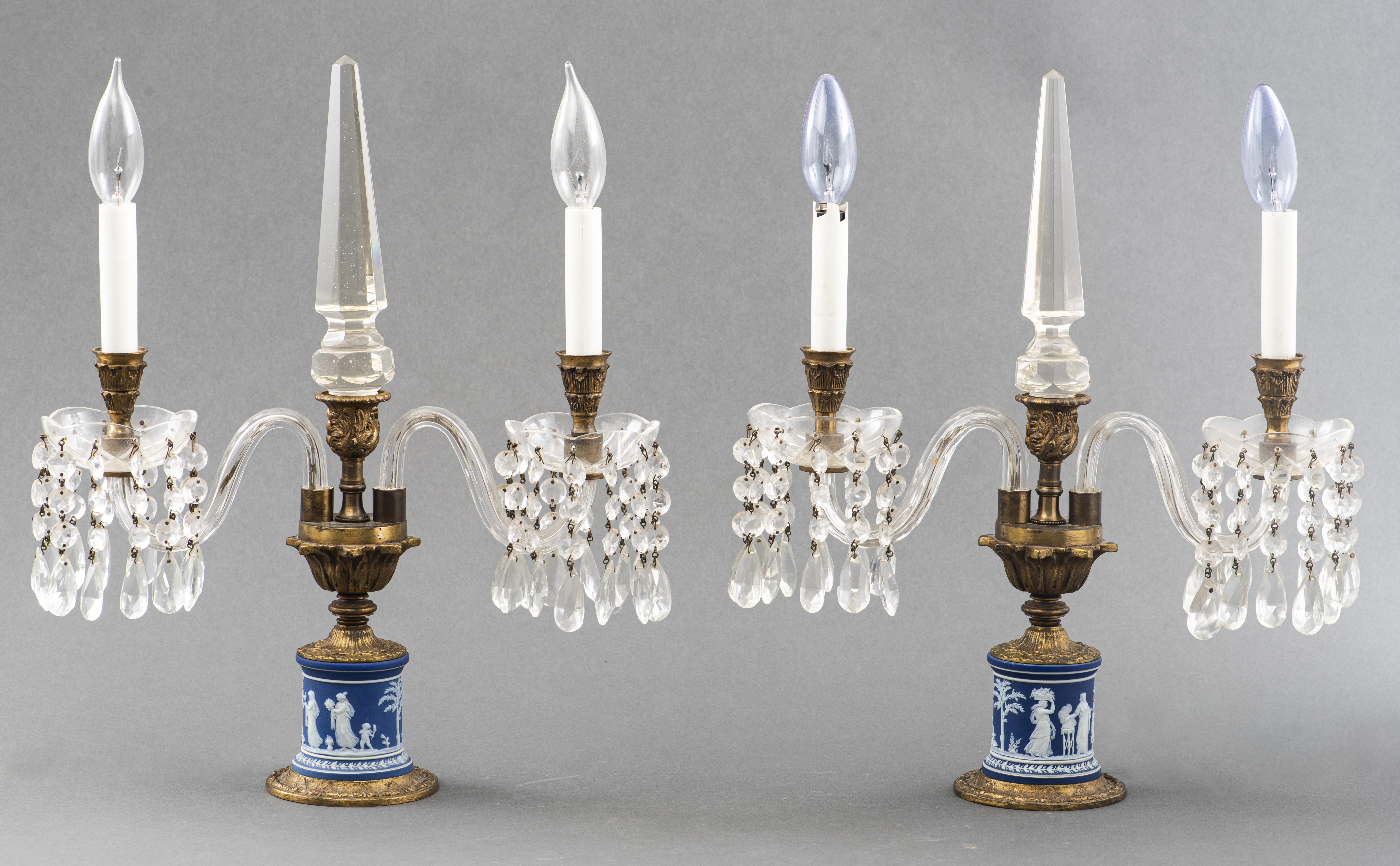 WEDGWOOD AND GILT BRONZE GIRANDOLES,