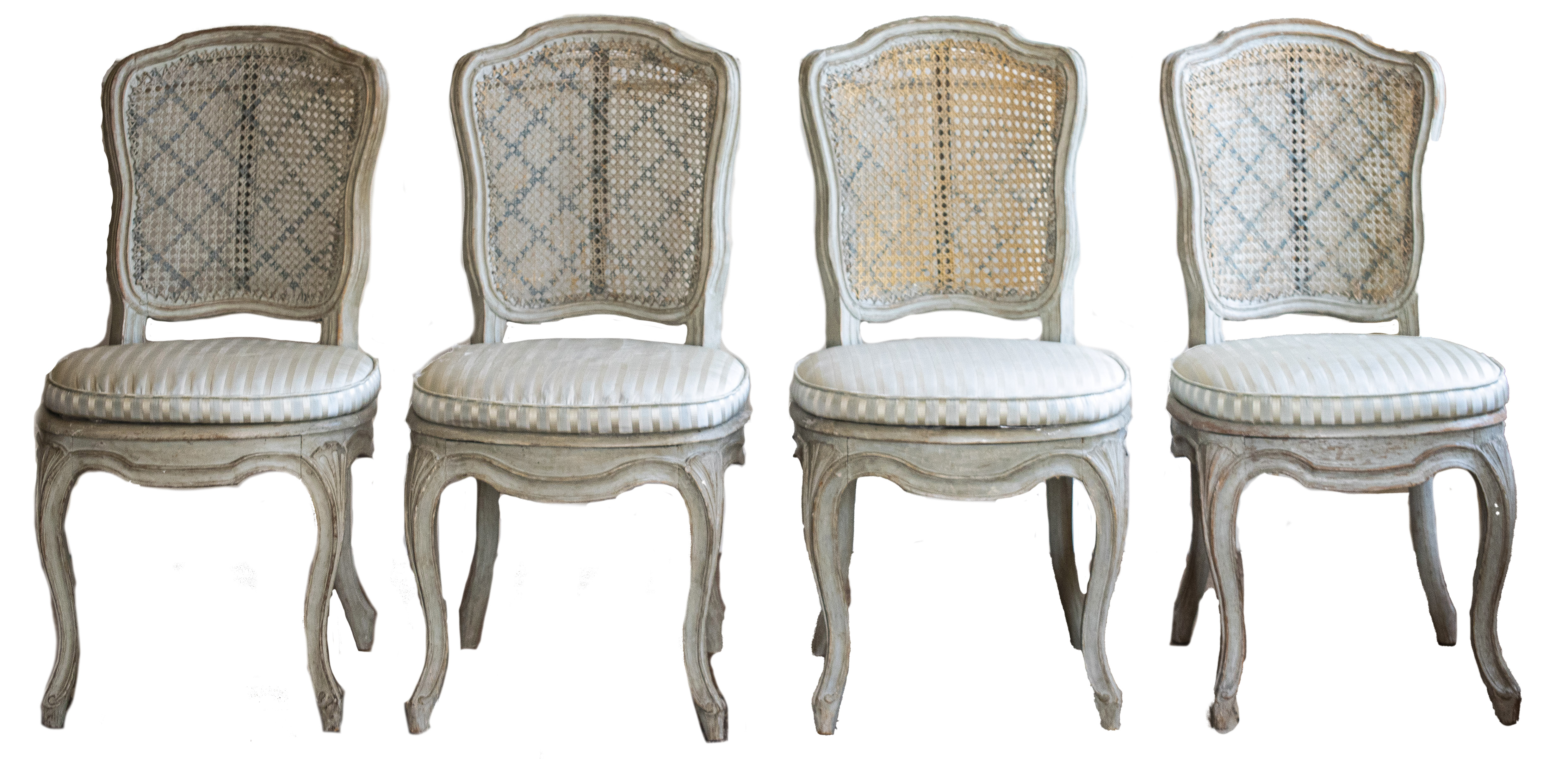 LOUIS XV GREY PAINTED DINING CHAIRS,