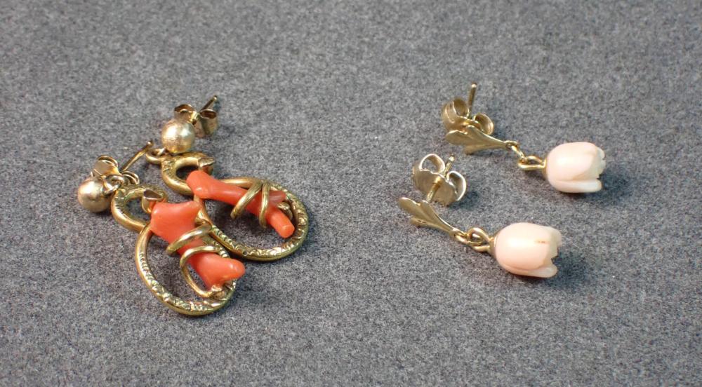 TWO PAIRS OF CORAL AND GOLD DANGLE