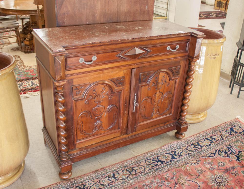 MARBLE-TOP WALNUT SIDE CABINETMARBLE-TOP