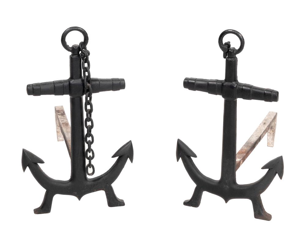 PAIR OF CAST IRON ANCHOR ANDIRONS