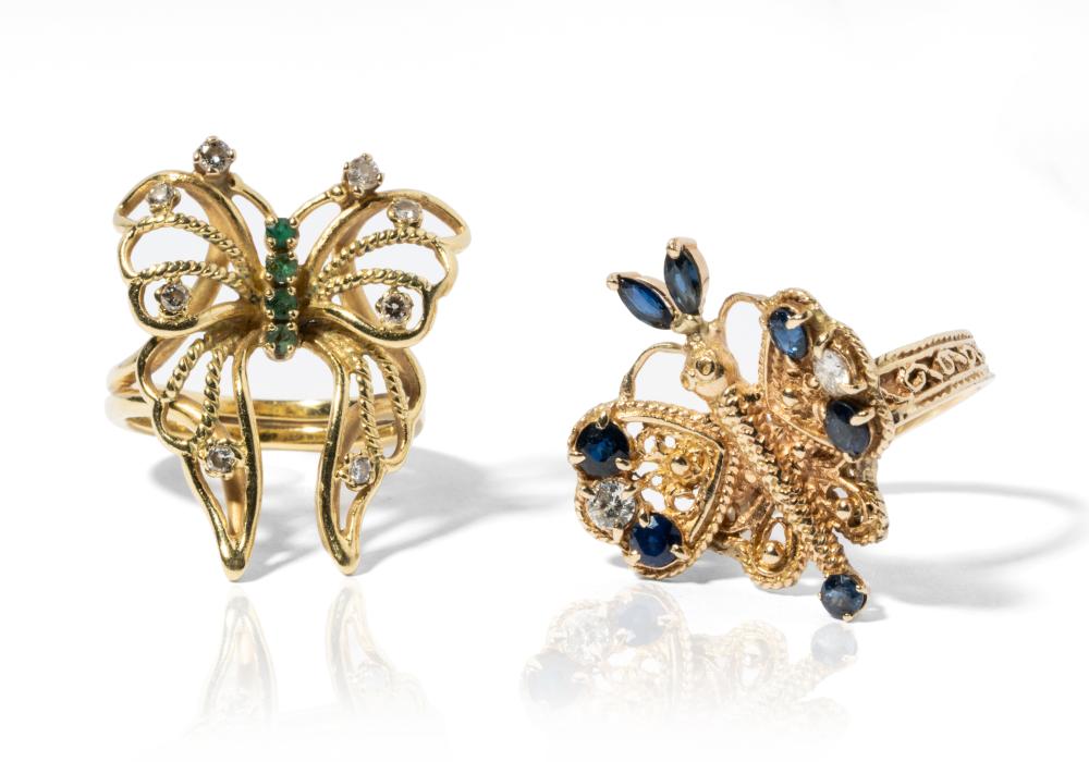 TWO YELLOW GOLD GEM-SET BUTTERFLY