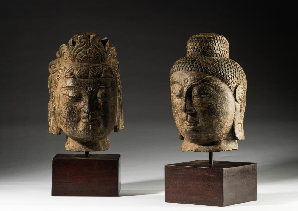 PAIR OF CHINESE CARVED STONE HEADSPair