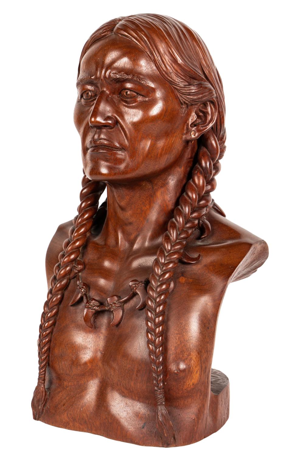 CARVED WOOD BUST OF A NATIVE AMERICAN20th