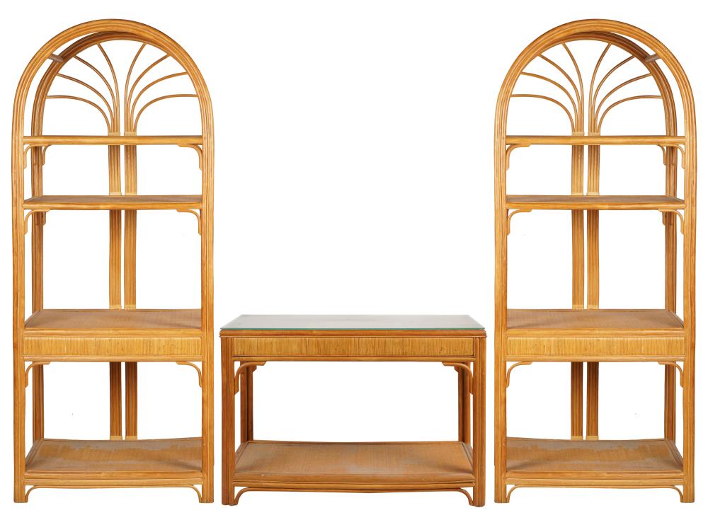 PAIR OF RATTAN ETAGERES AND A SOFA TABLEPair