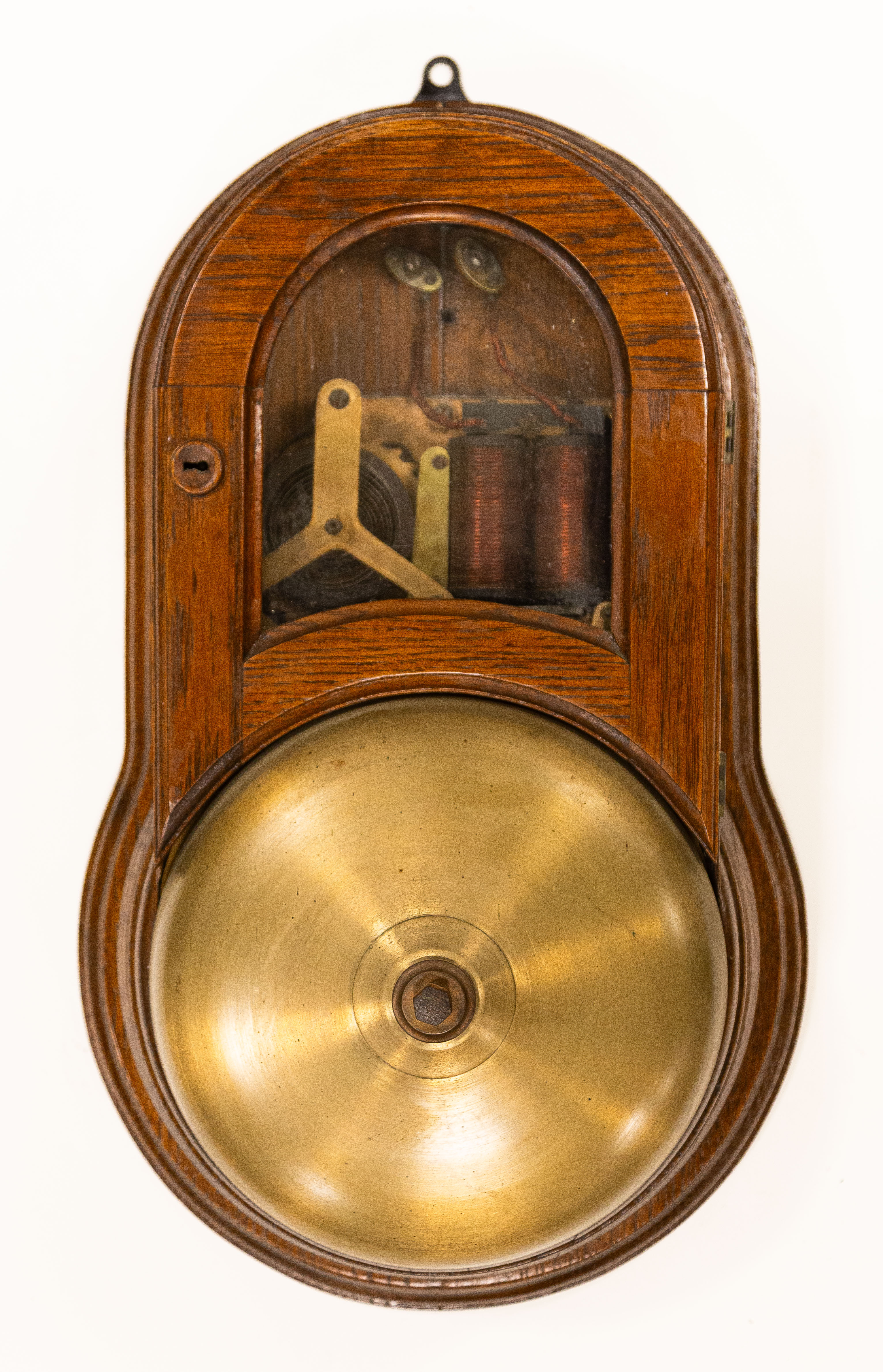 FIRE ALARM BELL Carved oak case.