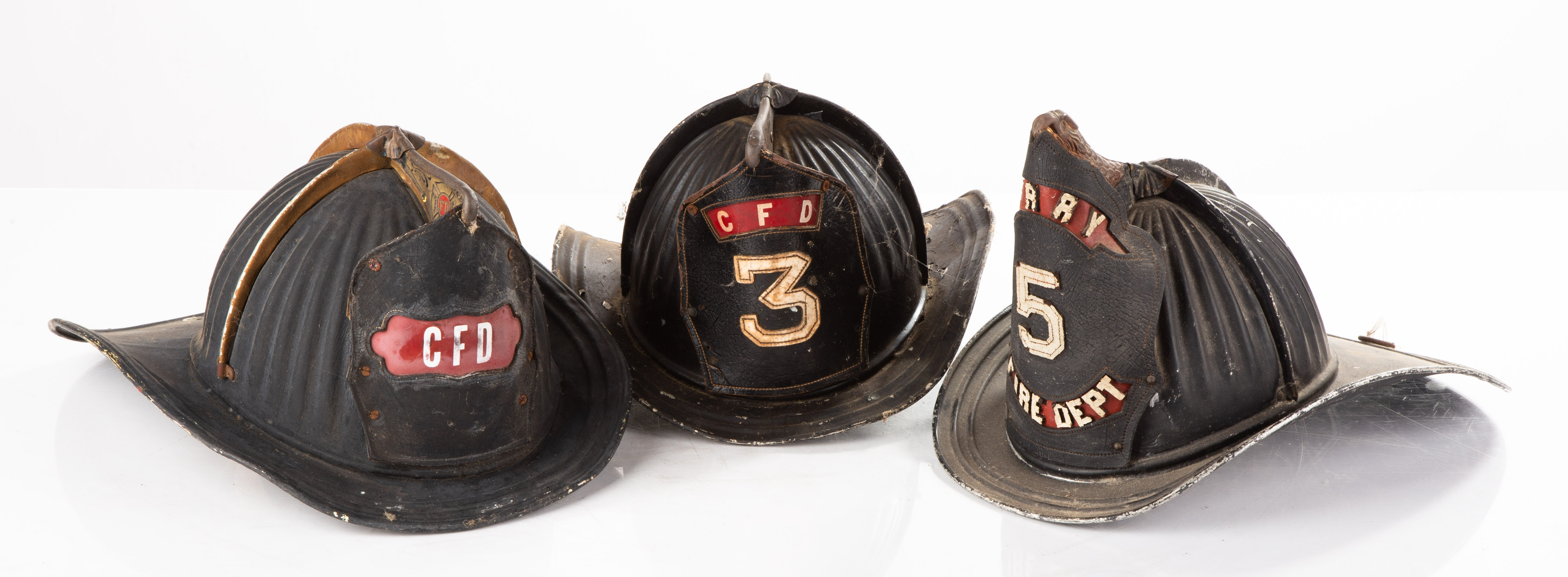  3 METAL FIREMAN S HELMETS 19th 3c8503