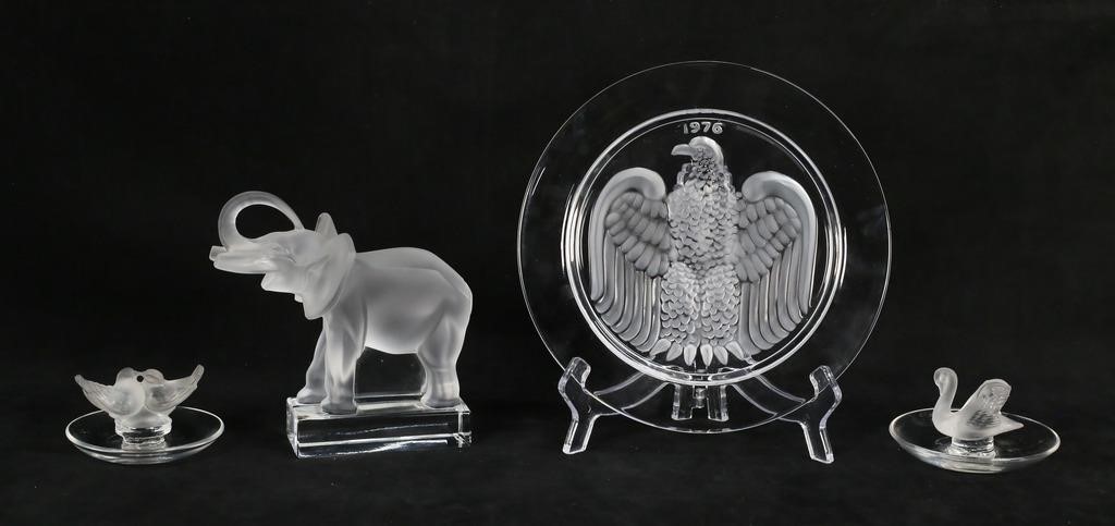 4 PIECES LALIQUE ELEPHANT, RING