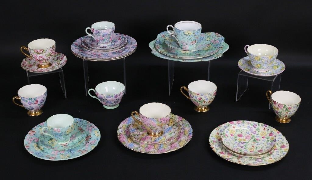 SHELLEY CHINTZ PORCELAIN CUPS, SAUCERS,