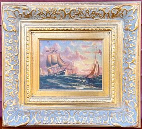 Vintage oil on wood board ships 3c8858