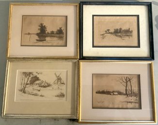 Four Louis K Harlow etchings, three