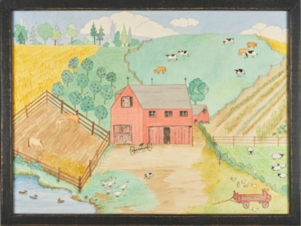 FOLK ART WATERCOLOUR OF FARMA large  3c8ad2