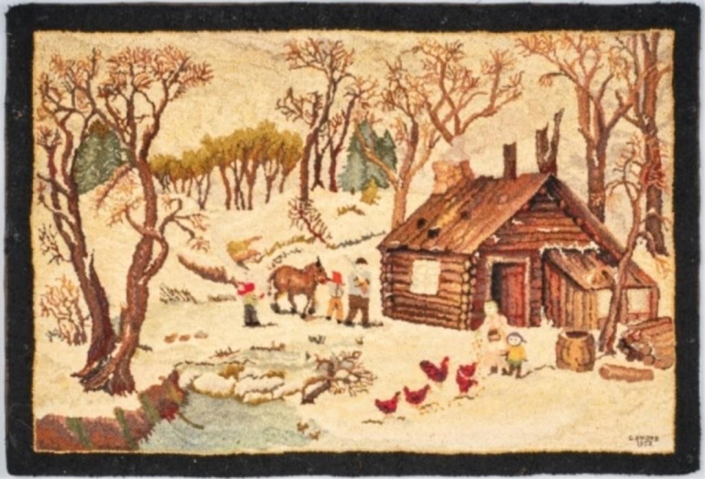 HOOKED RUG WITH LOG HOUSE & FAMILYA