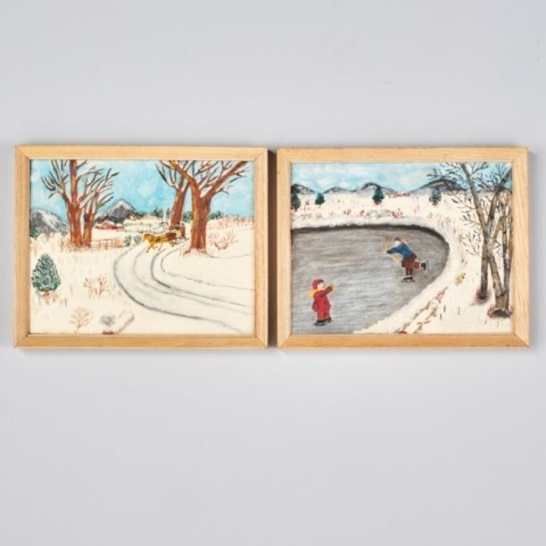 FOLK ART WINTER SCENE PAINTINGSTwo 3c8b02