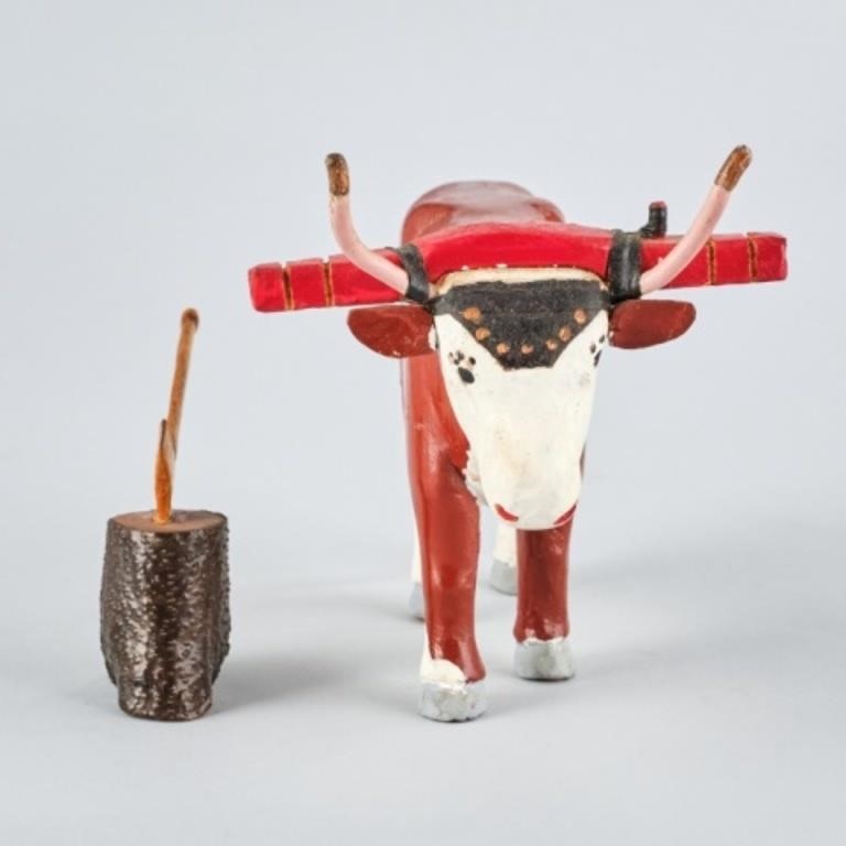 CARVED WOODEN OXEN & AXEA carved